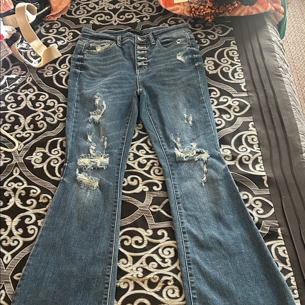 Judy Blue Distressed Flare Jeans in Blue